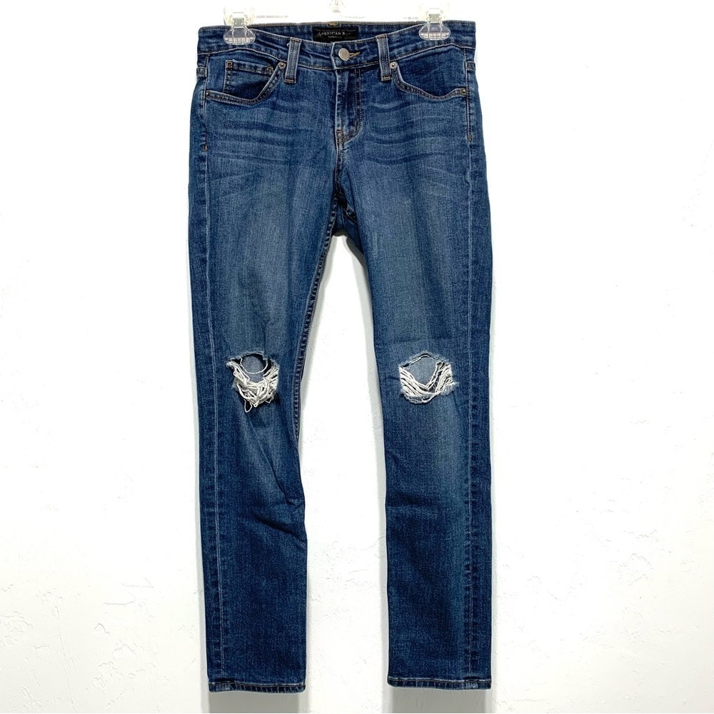 American Bazi Skinny Blue Jeans Distressed Busted Out Knees size 7